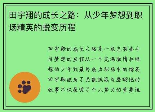 田宇翔的成长之路：从少年梦想到职场精英的蜕变历程
